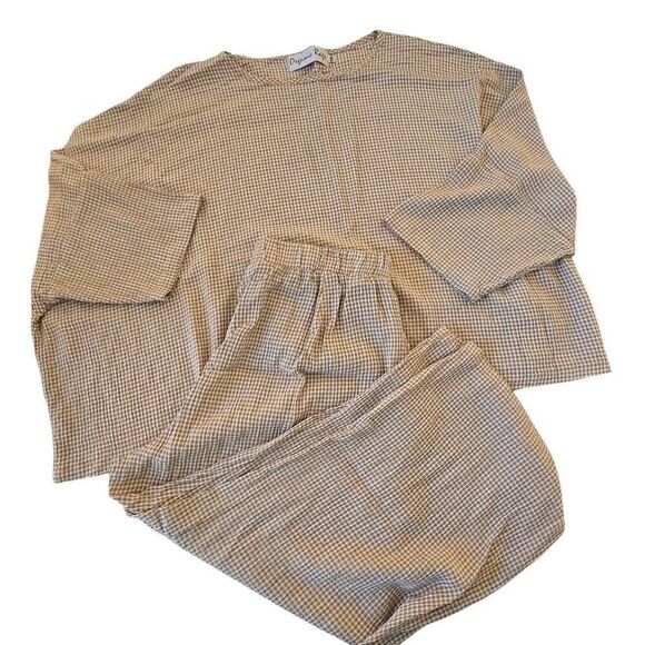 Organic Rags Womens Two Piece Set Tan and White Check Casual Top and Capri Mediu - Picture 2 of 11
